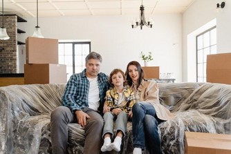 A family sitting on a couch
